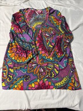 Lilly Pulitzer Optical Confusion Cotton Sweater XL Butterfly Floral Color FLAWED